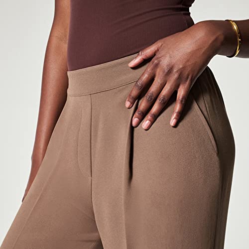 Crepe Pleated Pants for Women Casual High Waisted Wide Leg Pants Plus Size Soft Stretch Palazzo Pants Work Office Trousers Elegant Straight Leg Pant with Pockets Summer Elastic Waisted Slacks A-Brown