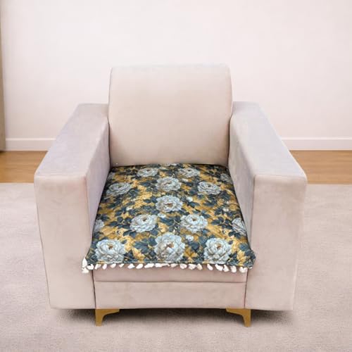 Image of Homerz Premium Printed Quilted Velvet Sofa Slip Cover Protector with Tassels, Sofa Mat, Exact Size, Antislip Cover (Antique Garden, 1 Seater, Half)