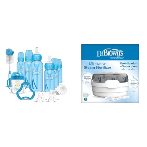 Image of Dr. Brown's Anti-Colic Baby Bottle Gift Set with 3 8oz & 3 4oz Bottles, Nipples, Cup, Teether, Brush & Microwave Steam Sterilizer