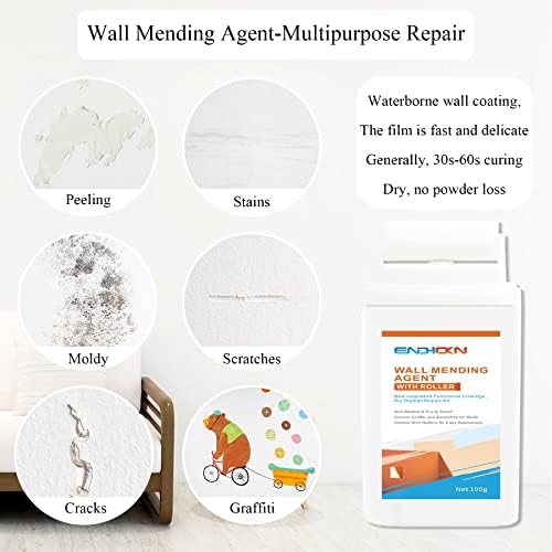 Wall Mending Agent With Roller 100g, Endhokn Wall Repair Kit Waterproof, Quick Drying Wall Repair Paste, Graffiti, Scratches, Stains, Cracks, Peeling, Wall Repair Agent Kit (White)