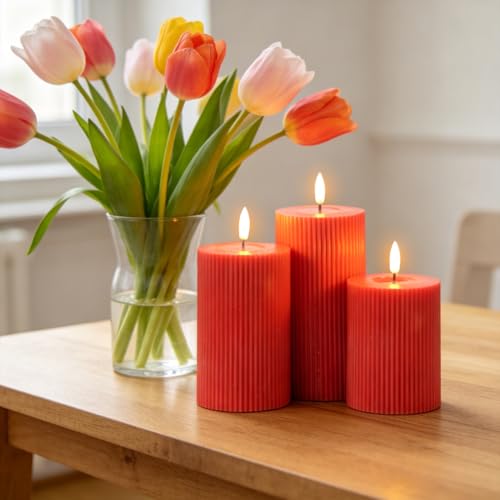 Image of Battery Operated Flameless Candles with 6 Hour Timer 3 Pack Real Wax Vertical Stripe 3D Wick Flickering LED Pillar Candles Dinner Wedding Christmas Holiday Decor(Red, 3 inch D x 5 inch, 6 inch, 7 inch H)