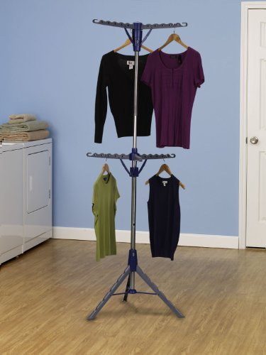 Household Essentials 5012-1 Portable 2-Tier Clothes Drying Rack Tri-pod | Dry Wet Laundry or Hang Clothes | Silver and Blue - Thumbnail 2