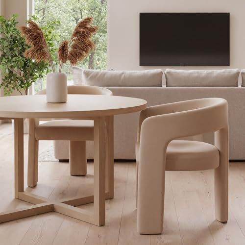 Image of HNY Modern Barrel Kitchen & Dining Room Chairs Set of 2, Velvet Upholstered Accent Chairs with Arm, 18.5'' Wide Side Armchair Vanity Chairs for Living Room Bedroom Makeup Small Spaces, Khaki