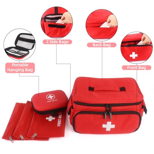 Dmnnlp First Aid Bag Empty, 5-Set with Large Medical Organizer, 3 Portable Pouches & Hanging Bag for Home Car Travel Camping Office School Outdoor Adventure Medical Supplies,Pet First Aid Kits (Red)