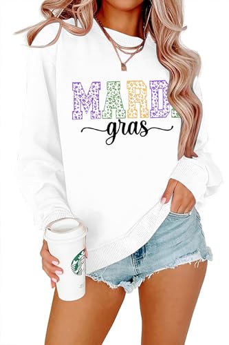 APRFLOWER Mardi Gras スウェットシャツ 女性用 マルディグラフィック 長袖シャツ ファットトゥズデイ Tシャツ カーニバル プルオーバー カジュアル トップ, ホワイト, X-Largeの商品画像（Amazon）