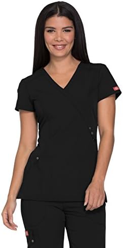 Dickies Xtreme Stretch Women Scrubs Top Mock Wrap 85956, S, Black