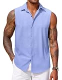 COOFANDY Mens Sleeveless Button Down Shirts Linen Beach Clothes for Men Casual Tank Tops Bright Blue