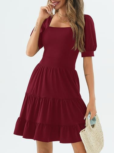 Image of Women's Square Neck A-Line Summer Dress Puff Sleeve Flared Swing High Waist Smocked Flowy Midi Casual Dress for Office /Party Burgundy