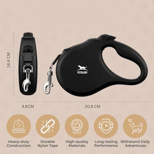 Image of Petology Retractable Dog Leash | 5 Meter (16ft) Nylon Tape | for Dogs Upto 50kgs | Heavy Duty Rope, 360 Tangle-Free, One-Hand Brake & Lock System, Anti-Slip Comfortable Grip