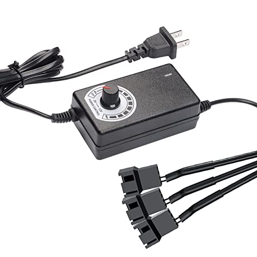Delinx Triple 3-Pin and 4-Pin PC Fan Power Adapter, 12V Fan Speed Controller,100-240vAC to 3-12vDC Adjustable Power Supply