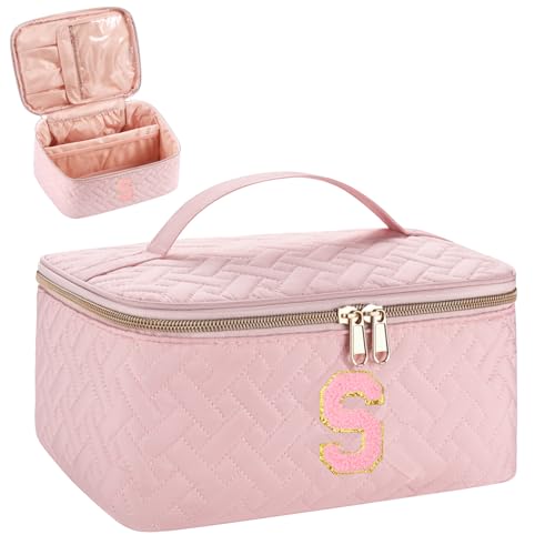 JRQCSJY Gifts Initial Makeup Organizer Bag for Girls, Chenille Letter Personalized Cosmetic Bag with Zipper & Handle | Preppy Quilted Portable Makeup Pouch Teen Birthday Gifts (S, Pink)