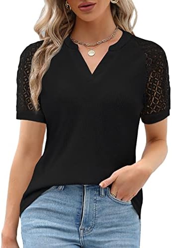 BMJL Womens Business Casual Blouses Short Puff Sleeve V Neck Lace Sexy Tops Summer Fashion 2023 Work Ladies Dressy T Shirts