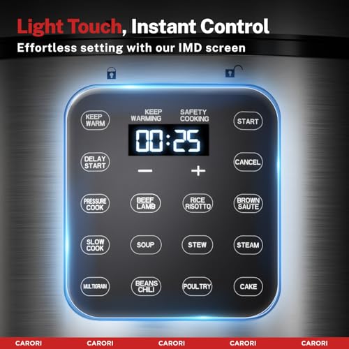 Image of CARORI Electric Pressure Cooker 6 Quart Silver, Non-stick Pot, 9-in-1 Instant Pot, 12 Preset Functions with Touchscreen, Safe Steam Release, Stew, Slow Cook, Rice, Saute, Warmer