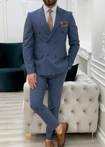 ORBITRAY Men's Double Breasted Pinstripe Casual Suit Slim Fit 2025 Business Wedding Men Blazer Pant Suits Six Buttons2