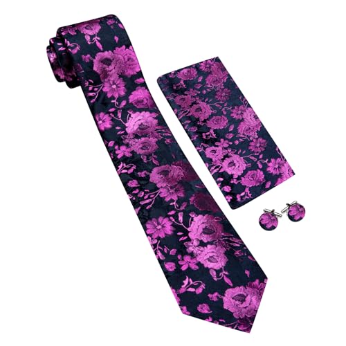 Image of Barry.Wang Flower Ties for Men Silk Woven Floral Tie Sets Necktie Handkerchief Cufflinks Wedding Party