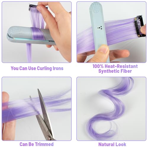 TOFAFA 22 inch Colored Hair Extensions Straight Hairpiece, Multi-colors Party Highlights Clip in Synthetic Hair Extensions (14 PCS Light Purple)