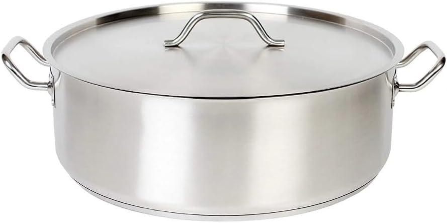 Soro Essentials- 30 qt. Stainless Steel Brazier Pot with Cover- Encapsulated Base Brazier Pot with Riveted Handles Perfect for Roasting Sauteing Searing and Pan Frying Home Kitchen Restaurant