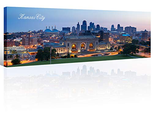 Kansas City Skyline Wall Art for Living Room Cityscape Canvas Modern Home Decor Panorama Pictures City Building House Decorations Skyscraper Artwork Night View Posters and Prints 12x46 Inch 1 Panel