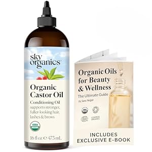 Sky Organics Organic Castor Oil, 100% Pure, Hexane Free, Cold-Pressed to Support Stronger, Fuller-Looking Hair, Eyelashes & Eyebrows,Good for Castor Packs, Navel Oiling, Carrier Oil Use, 16 fl oz