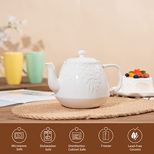 Toptier Leaf Teapot, Porcelain Tea Pot With Stainless Steel Infuser, Blooming & Loose Leaf Ceramic Teapot, 37 Ounce, White #TOP1