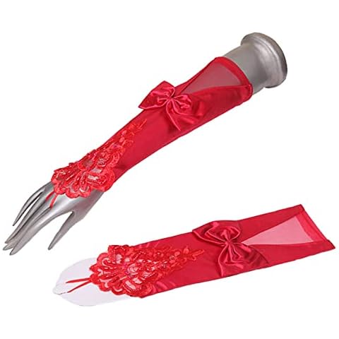 Maxpetus Bridal lace gloves bowknot fingerless satin gloves -12 inch, Red, 12" Cover