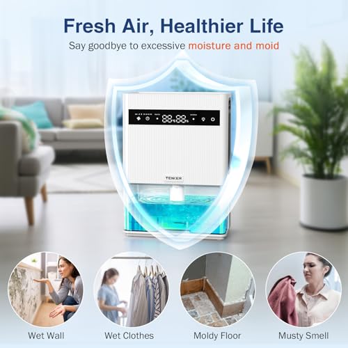 TENKER Dehumidifier for Home, 3L 106 oz, Digital Temperature and Humidity Display, Sleep Mode, Timer, Auto Off, Auto Defrost, 7 Colour Lights - Image 3