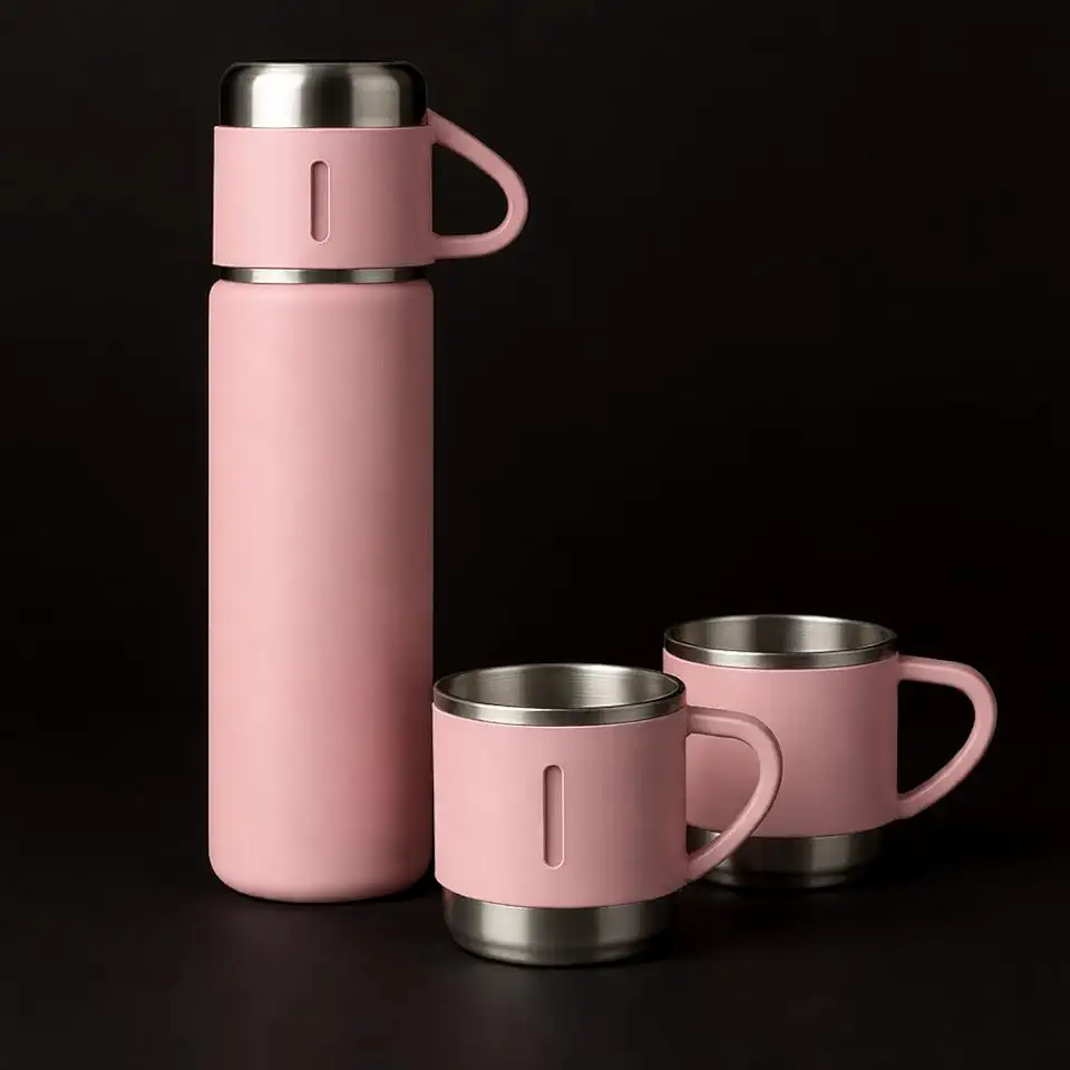 Garrafa Térmica Inox 500ml com 3 Xícaras – Kit Café e Chá Parede Dupla a Vácuo, Antivazamento e Alta Durabilidade (rosa)