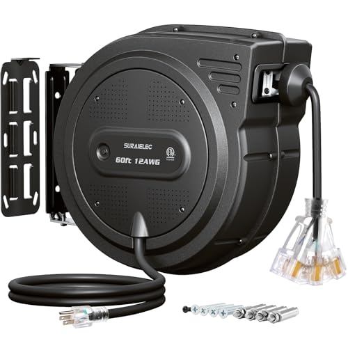 SURAIELEC 12 Gauge Extension Cord Reel, 60 FT Retractable Extension Cord, 12 AWG-3C SJTOW Heavy Duty Power Cord, 13 AMP Circuit Breaker, Lighted Triple Tap, Ceiling or Wall Mount, ETL Listed, Black