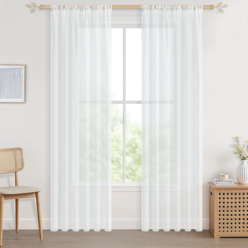 CUTEWIND Vorhänge mit Stangendurchzug Gardinen in Leinenoptik Stores Gardine Transparent Vorhang für Wohnzimmer Schlafzimmer 140x225(BxH) 2er Set je Weiß