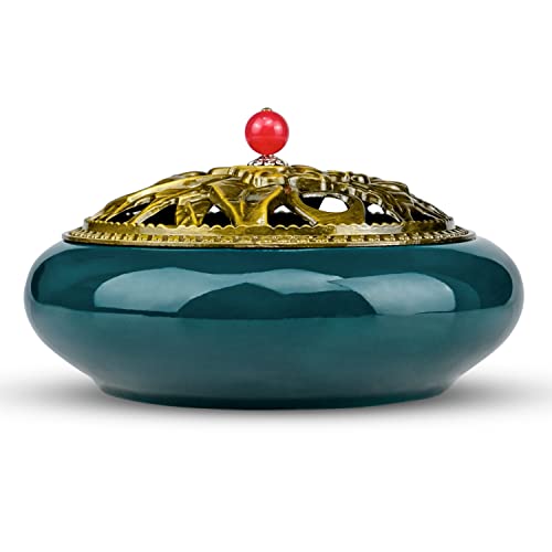 Keramischer Weihrauchbrenner, Keramik Räuchergefäß Keramik Räuchergefäßhalter Räuchergefäß Exquisit Porzellan Holzkohle mit Metallabdeckung Rund Chinesisch Porzellan Räucherschale für Zuhause Ornament Cover