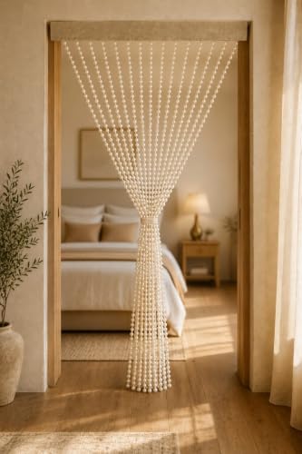 Image of Future Trends Premium Cream Pearl Beaded Curtain 4 x 7 Ft | Decorative Door String Curtain for Entrance, Mandir, Living Room & Room Divider | Hanging Beads Curtain for Home & Festive Decor