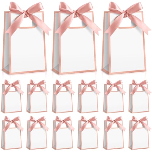 AmazingSpark 50 Pcs White Rose Gold Mini Gift Bags Bulk 6.3 x 3.9 x 2.8 Inch Party Favors Elegant Small Gift Bags with Handles and Ribbon Bows for Wedding Birthday Bridal Baby Shower Party Favors