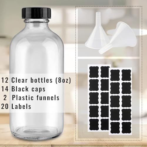 PINIWON 12 Pack 8 oz Clear Glass Bottles, 240ml Boston Round Sample Bottles with Black Poly Cone Caps, Labels and Funnels by PINIWON - Image 7