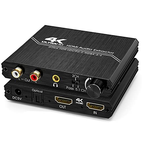Tendak Ekstraktor audio HDMI 2.0 – rozdzielacz 4K na optyczny Spdif Toslink, 3,5 mm AUX Stereo cinch L/R konwerter z regulacją głośności - obsługuje 4K 60 Hz, HDCP 2.2, HDR, 3D, YUV 4:4:4