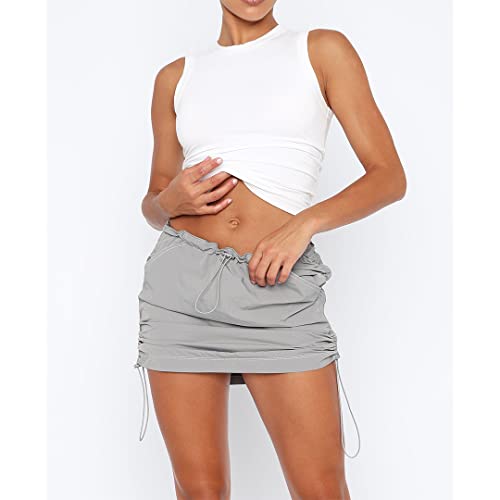 Short Skirts For Women Trendy Y2K Low Waist Sexy Side Drawstring Solid Mini Cargo Skirt Grey S #TOP3