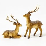 iStatue Resin Christmas Deer Figurines Set of 2 – Snow-Dusted Standing & Lying Pair Hand-Painted Gift-Ready Mantel Tabletop Holiday Reindeer Decor (Brown Reindeer)