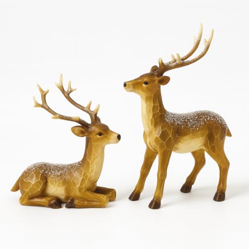 iStatue Resin Christmas Deer Figurines Set of 2 – Snow-Dusted Standing & Lying Pair Hand-Painted Gift-Ready Mantel Tabletop Holiday Reindeer Decor (Brown Reindeer)