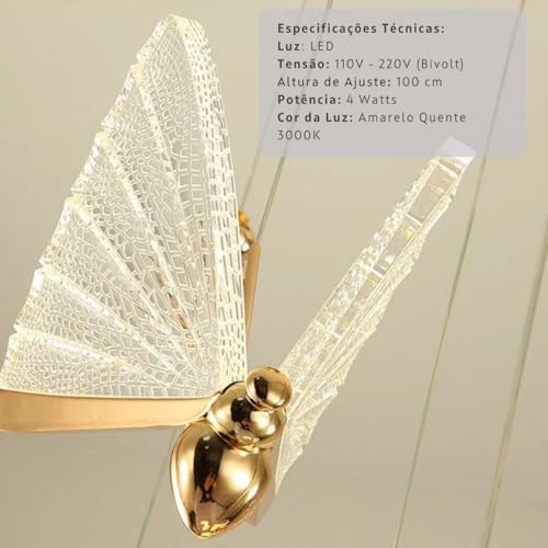 Luminária Pendente Borboleta Cristal 17cm Dourada Grande para Sala de Estar Quarto Cozinha Banheiro