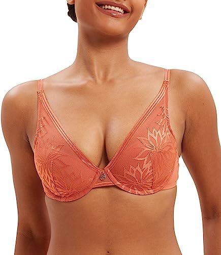 UCA Lingerie Deep V Longline Bra, Floral Lace Plunge Bra, Underwire Padded Bra, Orange Lace Bra for Women(34B,Orange)