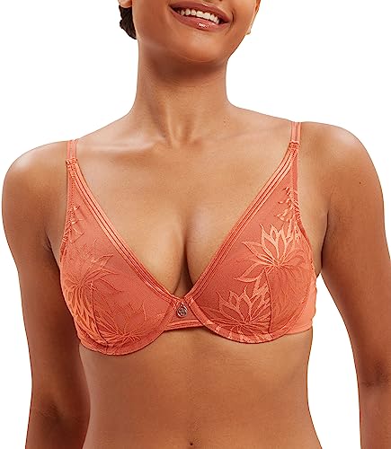 Uca Lingerie Deep V Longline Bra, Floral Lace Plunge Bra, Underwire Padded Bra, Orange Lace Bra For Women(34B,Orange) #TOP3