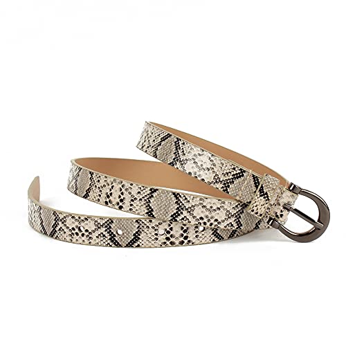 Women Snakeskin Print Leather Belt Jeans Pants Dress Skinny Thin Waist Belt, Snakeskin Beige Long, 41.7in/106cm3