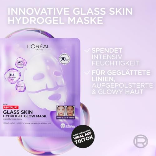 L'Oréal Paris Glass Skin Hydrogel 4er Maskenbox, für aufgepolsterte & glowy Haut, feuchtigkeitsspendend & glättend, [mit Hyaluronsäure]… – Ansicht 3