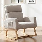 Schaukelstuhl Stillsessel Schaukelsessel, Gepolsterter Stillstuhl mit Holzbeinen & Seitentaschen, Hochlehner Schaukelstuhl zum Stillen für Wohnzimmer, Schlafzimmer und Babyzimmer (Light Grey-teddy)