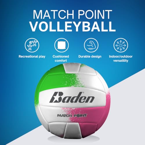 Baden | Match Point | Cushioned Synthetic Leather | Outdoor Recreation Backyard Volleyball + College Camp Ball | All Ages | Official Size 5 | Neon Pink/Green/White