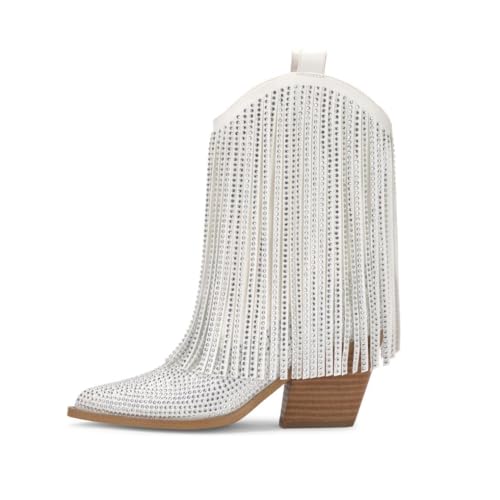 keleimusi Women's Rhinestone Cowboy Boots Sparkly Fringe Cowgirl Ankle Boots Glitter Western Ankle Boots Almond Round Toe Chunky Heel Wide Calf Short Booties for Women