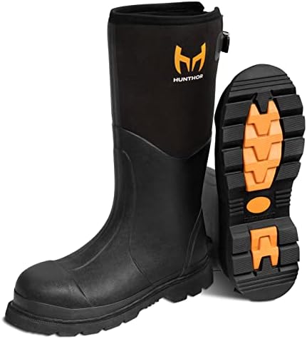 Hunthor Rubber Work Boots, Steel Toe Rubber Boots for Men, Waterproof 6mm Neoprene Rubber Hunting Boots for Farming, Gardening, Fishing, Outdoor Work (Black, 11)