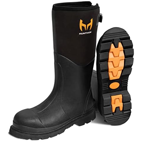 Hunthor Rubber Work Boots, Steel Toe Rubber Boots for Men, Waterproof 6mm Neoprene Rubber Hunting Boots for Farming, Gardening, Fishing, Outdoor Work (Black, 12) Cover