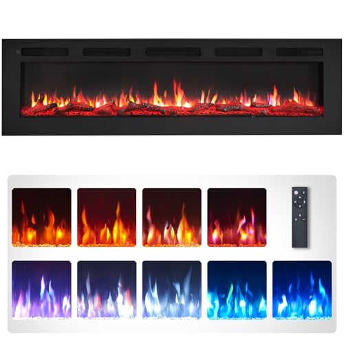 FlameKo Wilton 60/152cm Electric Fireplace, Wall Mounted, Recessed, 9 Colour Flame Effect, Media Wall Compatible, 900W - 1800W Heater, Remote Control
