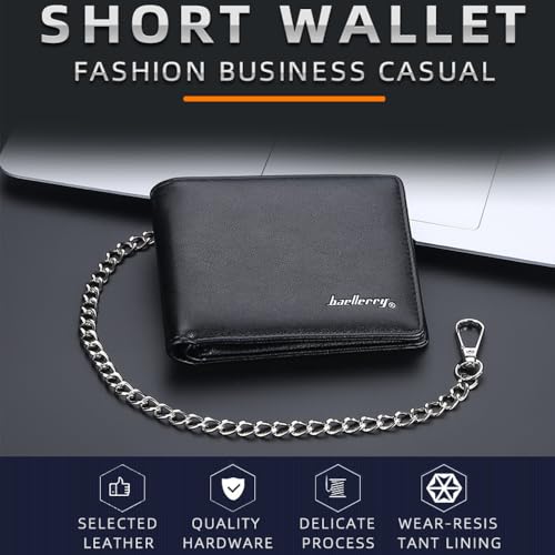 PINKPIN Mens Wallet with Chain, PU Leather Card Wallet Anti-Theft Short Wallet Chain for Biker, Motorcycle (Black) - Thumbnail 4