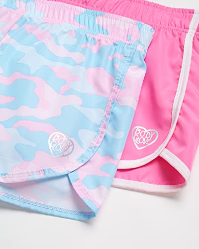 Body Glove Girls? Shorts ? 4 Pack Athletic Performance Dry Fit Dolphin Gym Shorts, Scrunchie (7-12), Size 12, Pink/Blue/Camo/Grey #TOP1